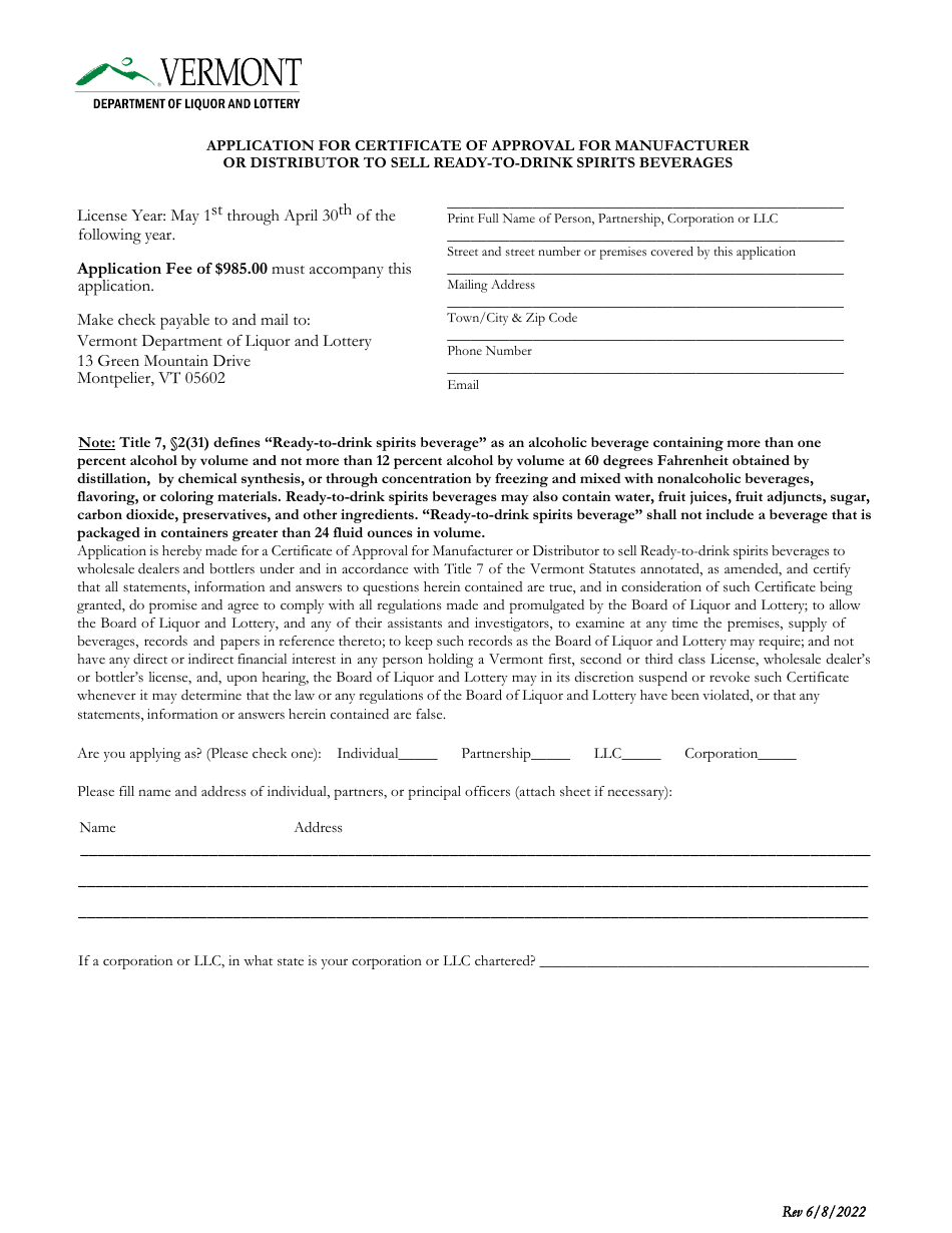 Application for Certificate of Approval for Manufacturer or Distributor to Sell Ready-To-Drink Spirits Beverages - Vermont, Page 1
