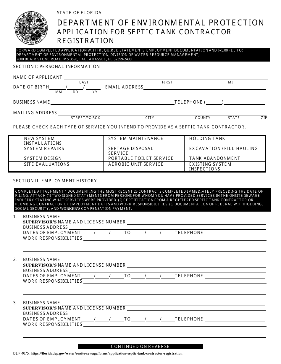 Form DEP4075 Application for Septic Tank Contractor Registration - Florida, Page 1