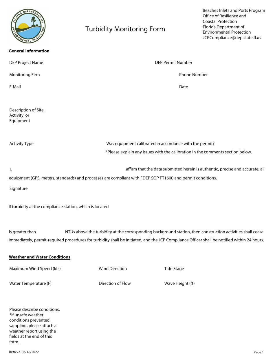 Turbidity Monitoring Form - Florida, Page 1