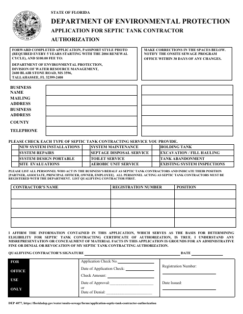 Form DEP4077 Application for Septic Tank Contractor Authorization - Florida