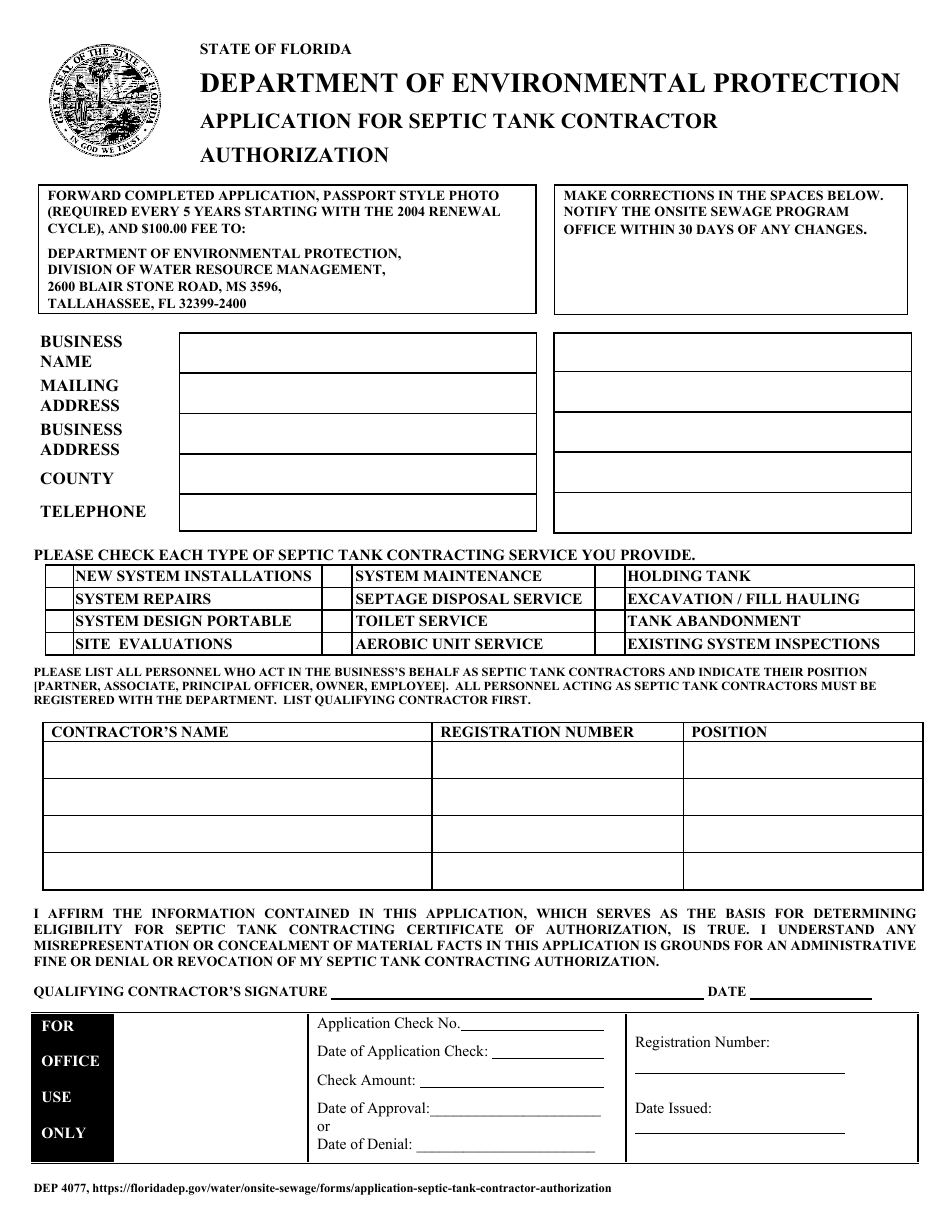 Form DEP4077 Application for Septic Tank Contractor Authorization - Florida, Page 1