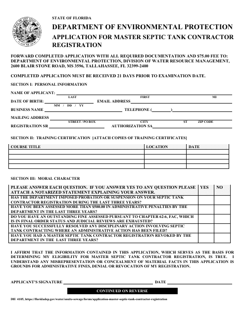 Form DH4105 Application for Master Septic Tank Contractor Registration - Florida