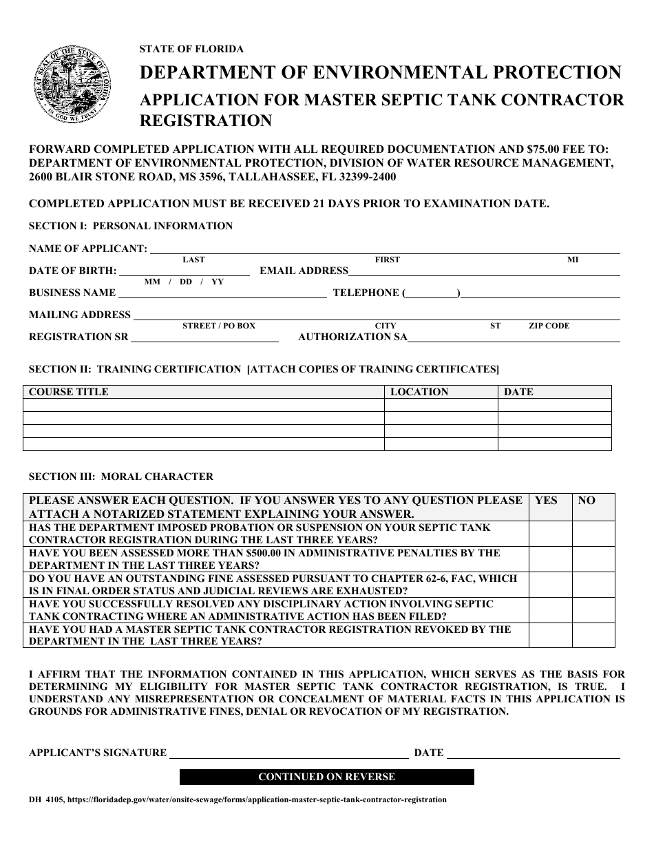 Form DH4105 Application for Master Septic Tank Contractor Registration - Florida, Page 1