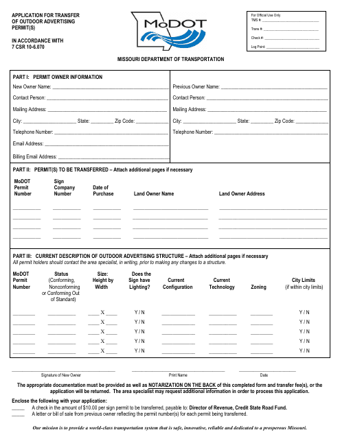 Application for Transfer of Outdoor Advertising Permit(S) - Missouri Download Pdf