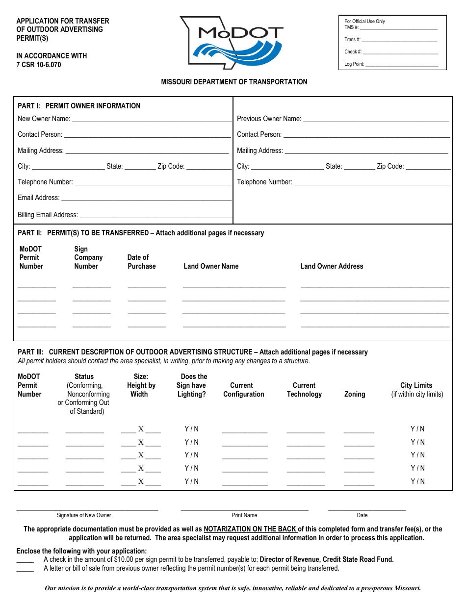 Application for Transfer of Outdoor Advertising Permit(S) - Missouri, Page 1