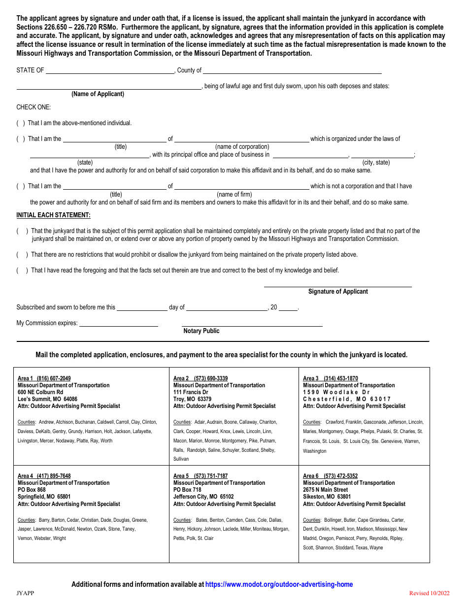 Missouri Application for License to Maintain a Junkyard Download ...