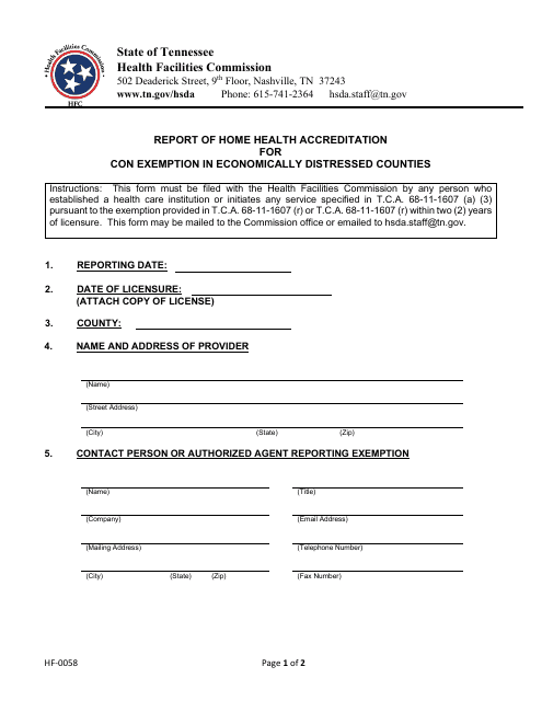 Form HF-0058 Report of Home Health Accreditation for Con Exemption in Economically Distressed Counties - Tennessee