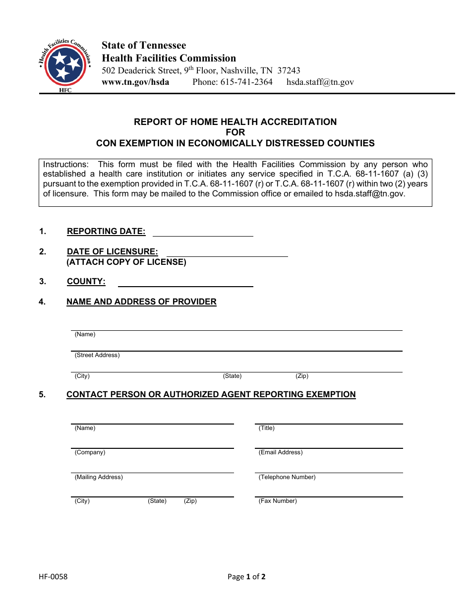 Form HF-0058 Report of Home Health Accreditation for Con Exemption in Economically Distressed Counties - Tennessee, Page 1