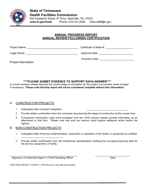 Form HSDA-0054 Annual Progress Report - Annual Review Following Certification - Tennessee