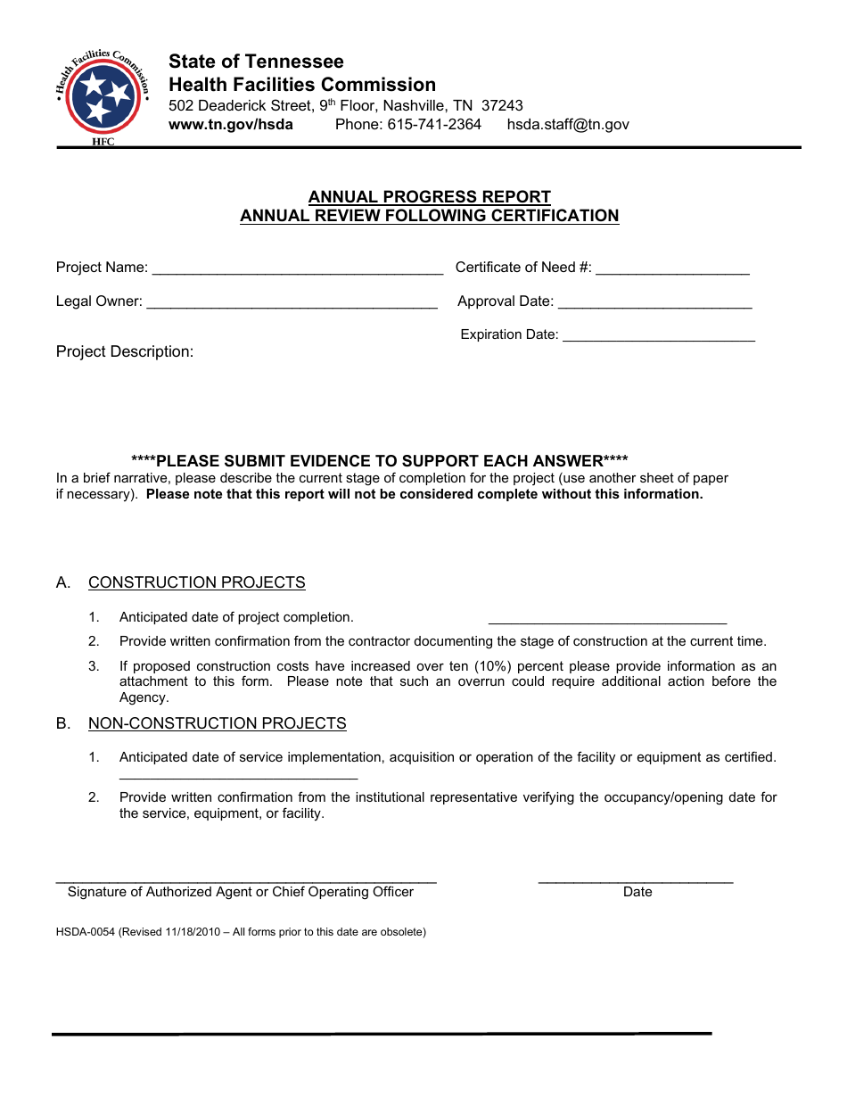 Form HSDA-0054 Annual Progress Report - Annual Review Following Certification - Tennessee, Page 1