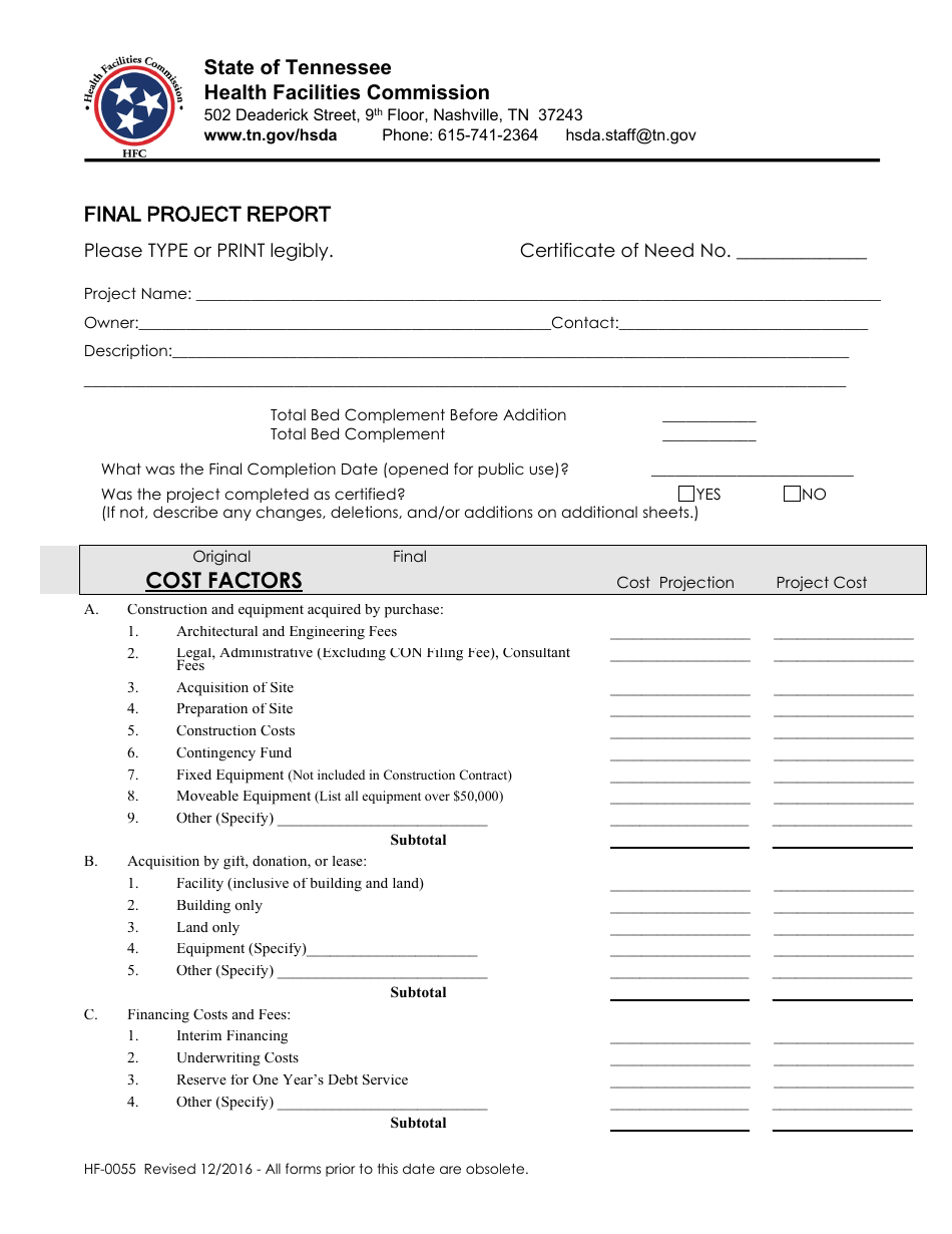 Form HF-0055 Final Project Report - Tennessee, Page 1
