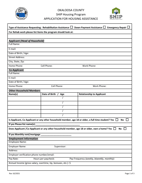 Application for Housing Assistance - State Housing Initiatives Partnership (Ship) Program - Okaloosa County, Florida Download Pdf