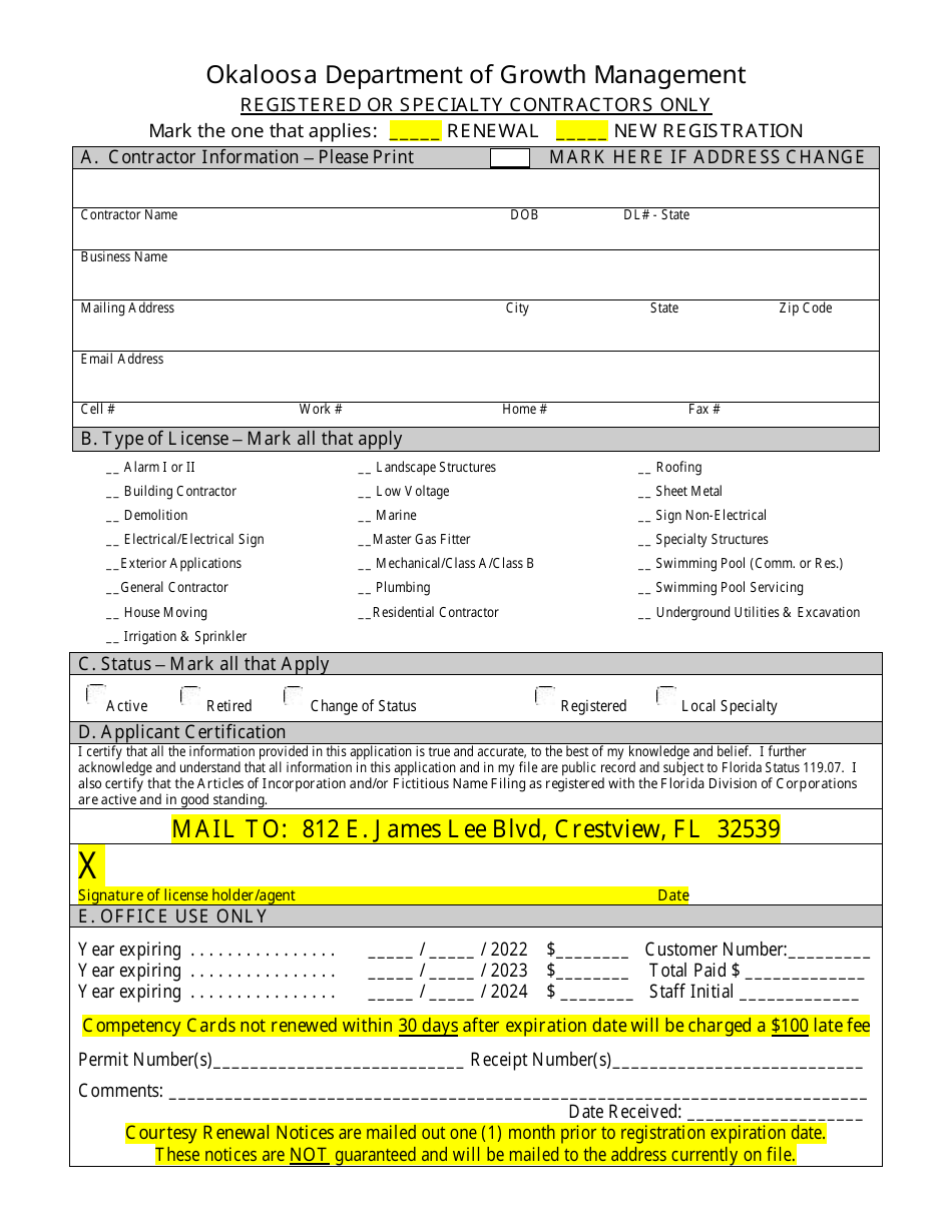 Registered / Specialty Only Renewal Registration Application - Okaloosa County, Florida, Page 1