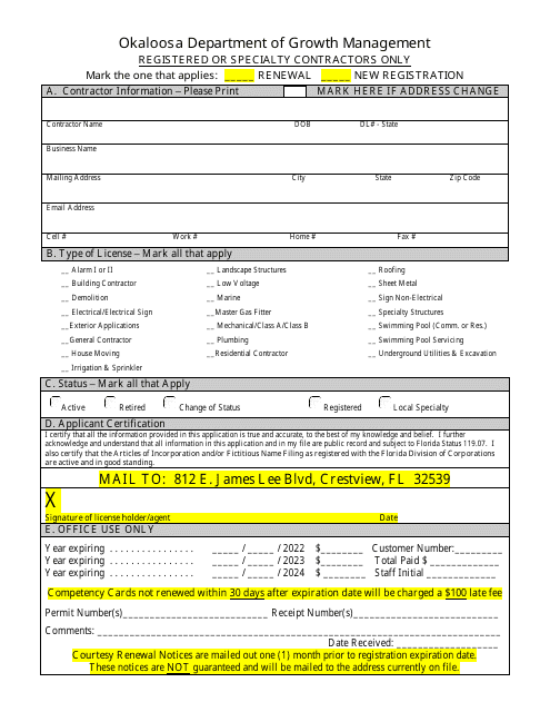 Registered / Specialty Only Renewal Registration Application - Okaloosa County, Florida Download Pdf