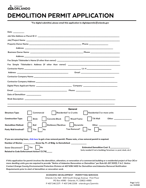 Demolition Permit Application - City of Orlando, Florida Download Pdf