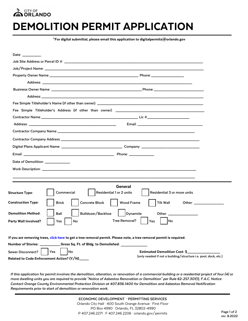 Demolition Permit Application - City of Orlando, Florida, Page 1