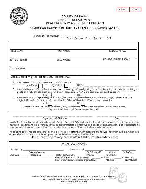 Claim for Exemption - Kuleana Lands Cok Section 5a-11.29 - County of Kauai, Hawaii Download Pdf