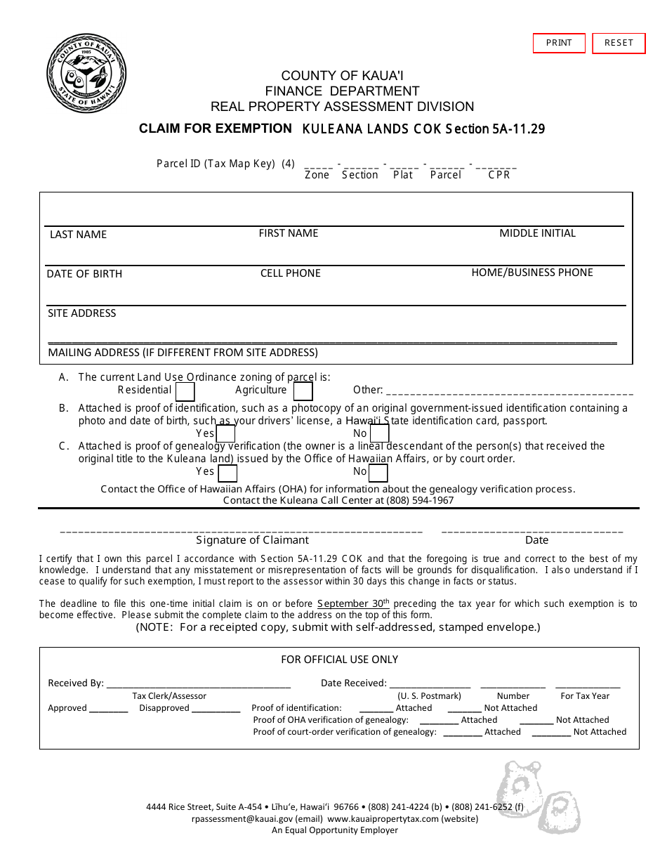 Claim for Exemption - Kuleana Lands Cok Section 5a-11.29 - County of Kauai, Hawaii, Page 1