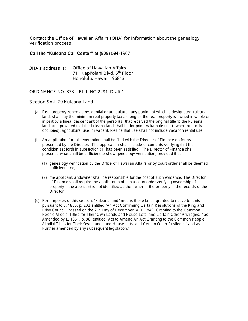 County of Kauai, Hawaii Claim for Exemption Kuleana Lands Cok Section