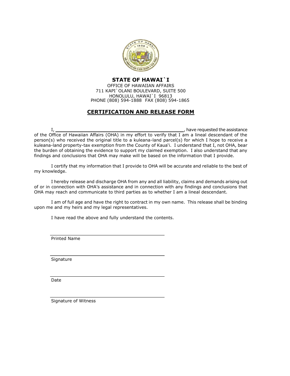 County of Kauai, Hawaii Claim for Exemption Kuleana Lands Cok Section