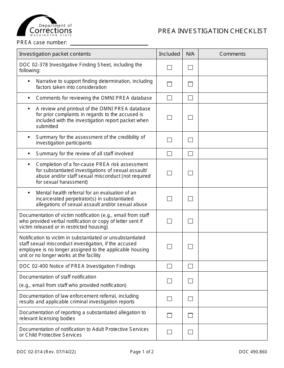 Form DOC02-014 Prea Investigation Checklist - Washington, Page 1