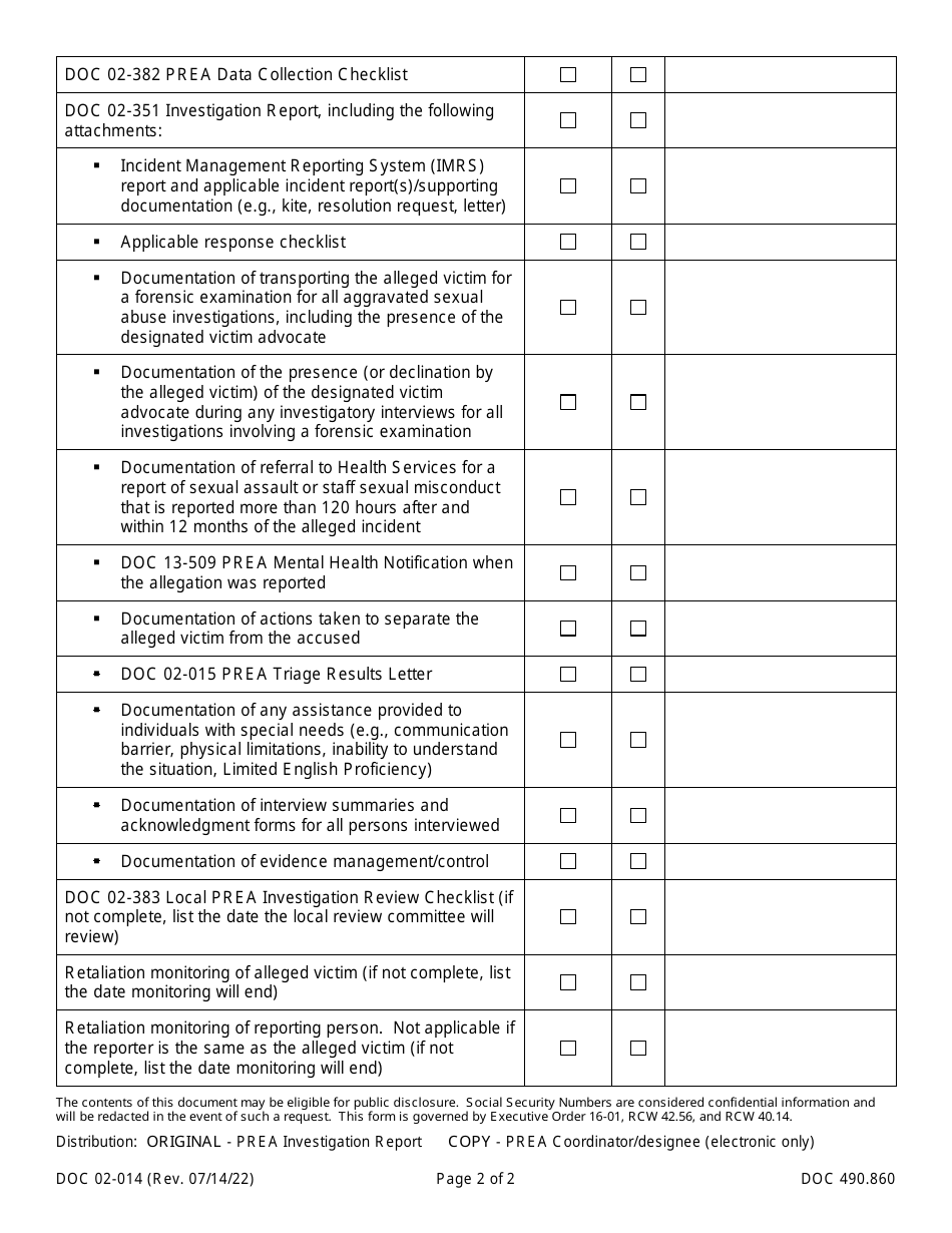 Form DOC02-014 Download Printable PDF or Fill Online Prea Investigation ...