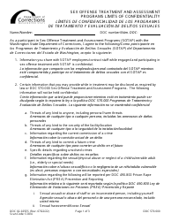 Document preview: Form DOC02-025ES Sex Offense Treatment and Assessment Programs Limits of Confidentiality - Washington (English/Spanish)