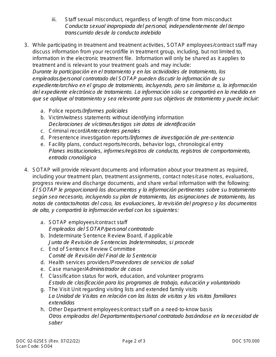 Form DOC02-025ES Sex Offense Treatment and Assessment Programs Limits of Confidentiality - Washington (English / Spanish), Page 2