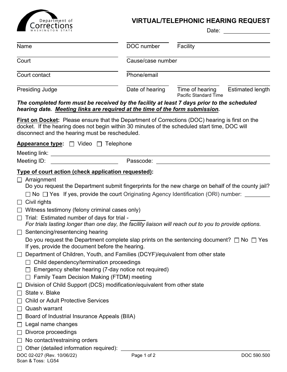 Form DOC02-027 Download Printable PDF or Fill Online Virtual/Telephonic ...