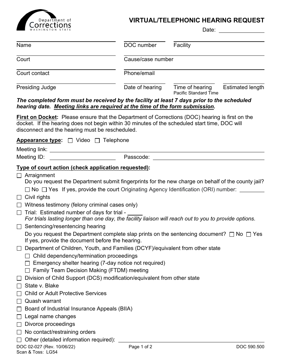Form DOC02-027 Virtual / Telephonic Hearing Request - Washington, Page 1