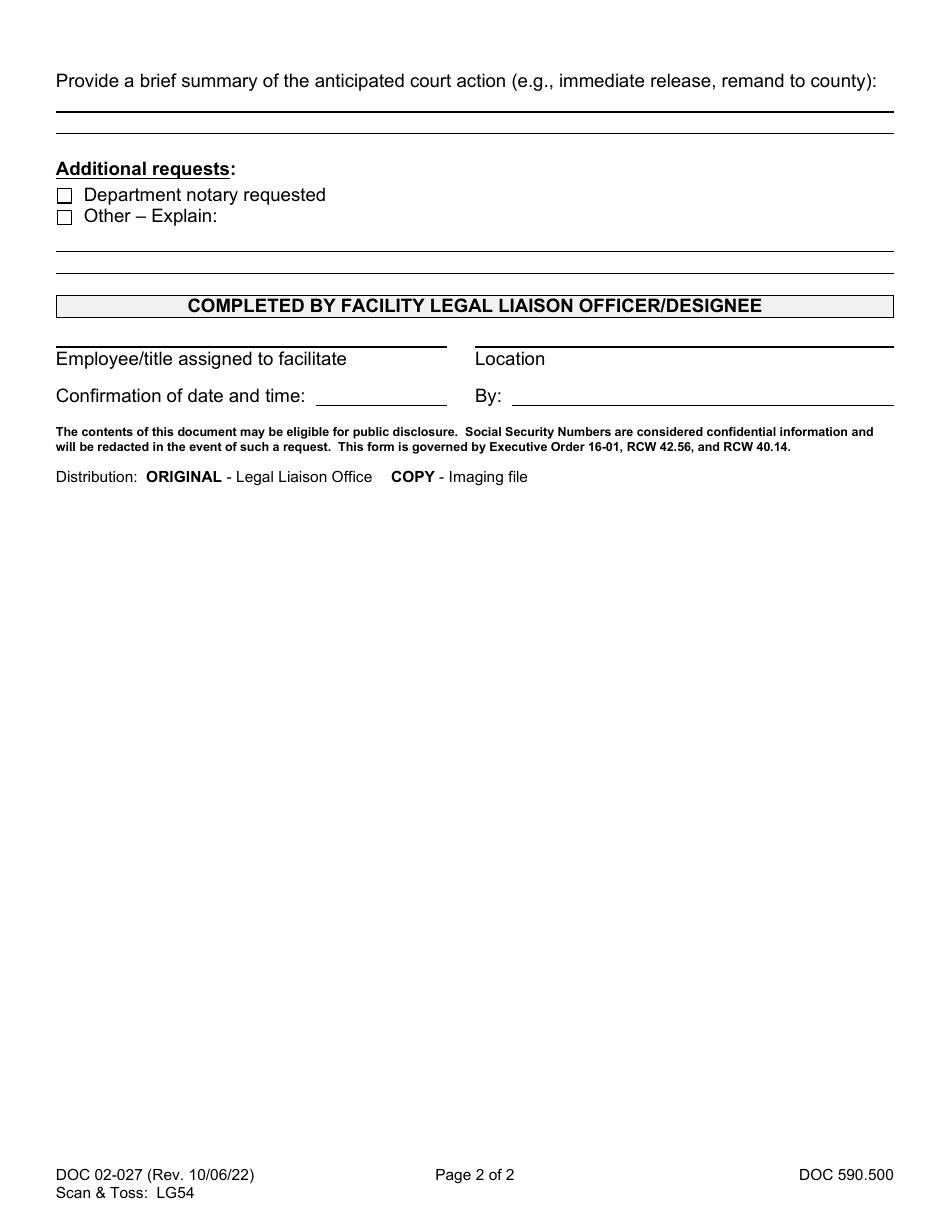 Form DOC02-027 Virtual / Telephonic Hearing Request - Washington, Page 2