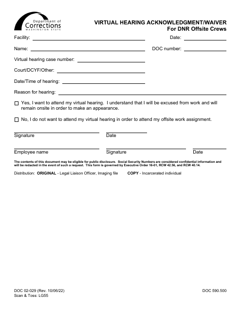 Form DOC02-029 Virtual Hearing Acknowledgment/Waiver for DNR Offsite Crews - Washington
