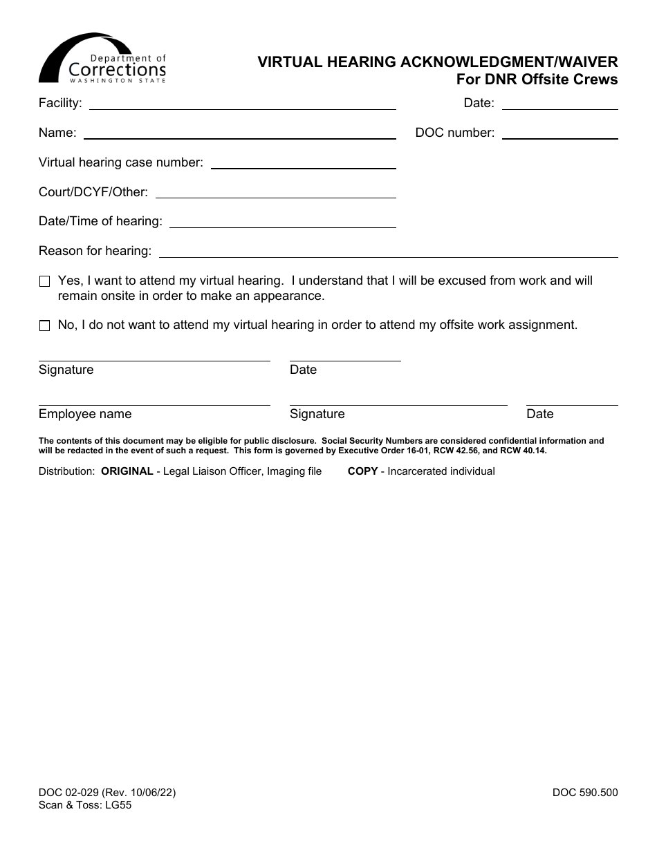 Form DOC02-029 Virtual Hearing Acknowledgment / Waiver for DNR Offsite Crews - Washington, Page 1