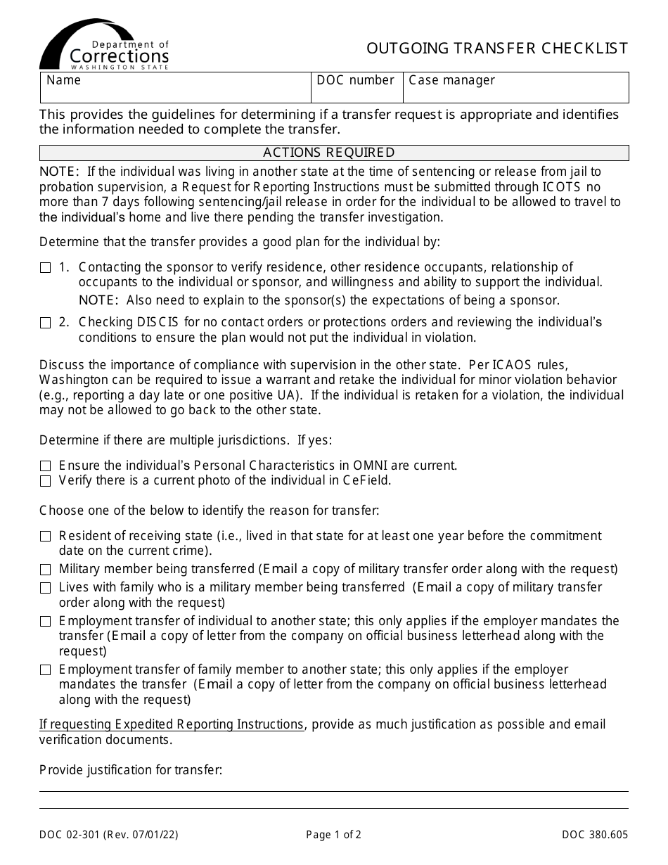 Form DOC02-301 Outgoing Transfer Checklist - Washington, Page 1