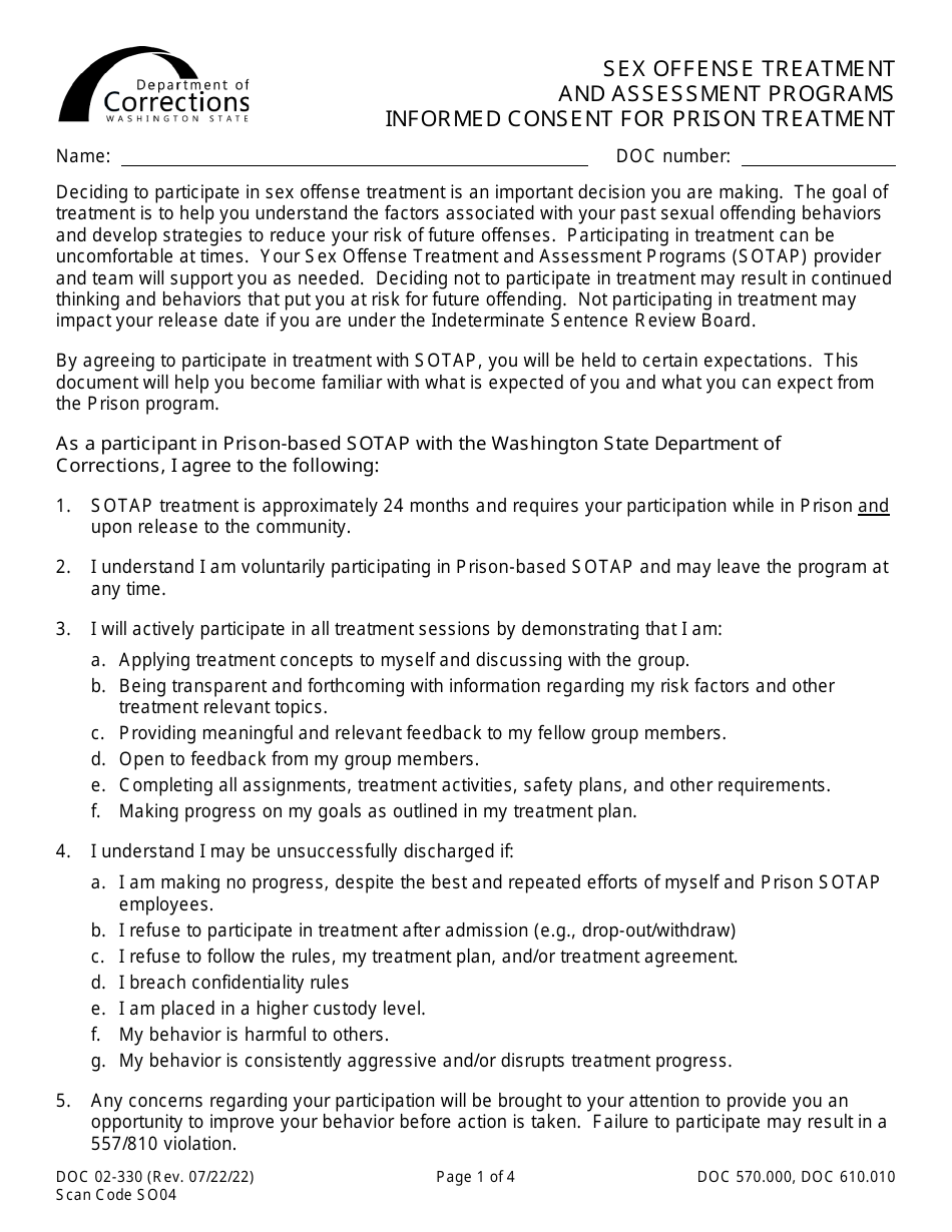 Form DOC02-330 Sex Offense Treatment and Assessment Programs Informed Consent for Prison Treatment - Washington, Page 1