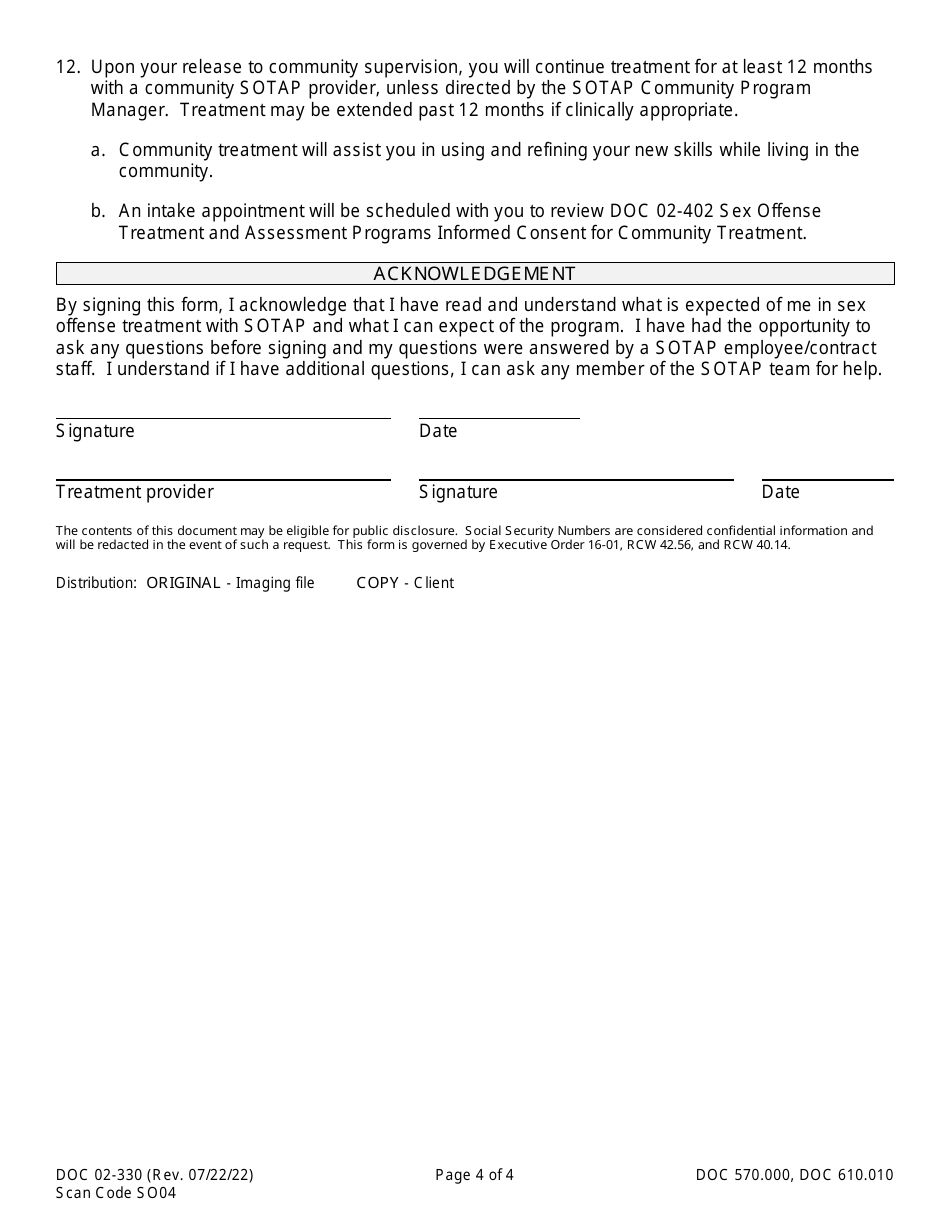 Form DOC02-330 Sex Offense Treatment and Assessment Programs Informed Consent for Prison Treatment - Washington, Page 4