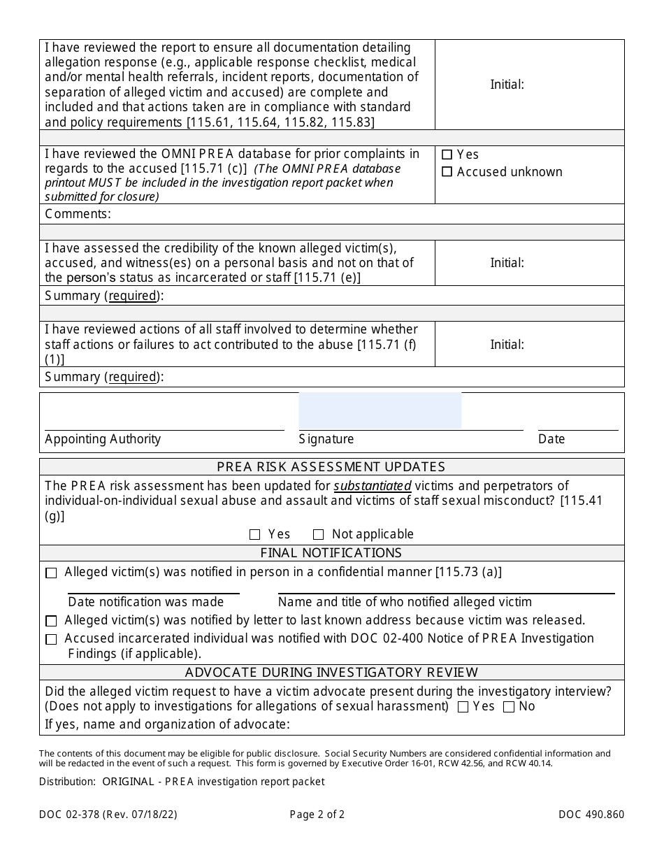 Form DOC02-378 Investigative Finding Sheet - Washington, Page 2