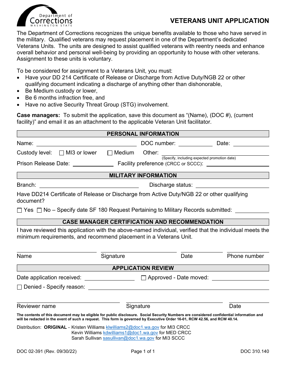 Form DOC02-391 Veterans Unit Application - Washington, Page 1