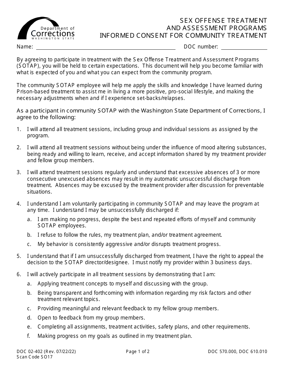 Form DOC02-402 Sex Offender Treatment and Assessment Programs Informed Consent for Community Treatment - Washington, Page 1