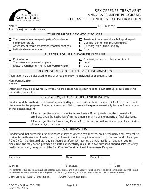 Form DOC02-406 Sex Offender Treatment and Assessment Programs Release of Confidential Information - Washington
