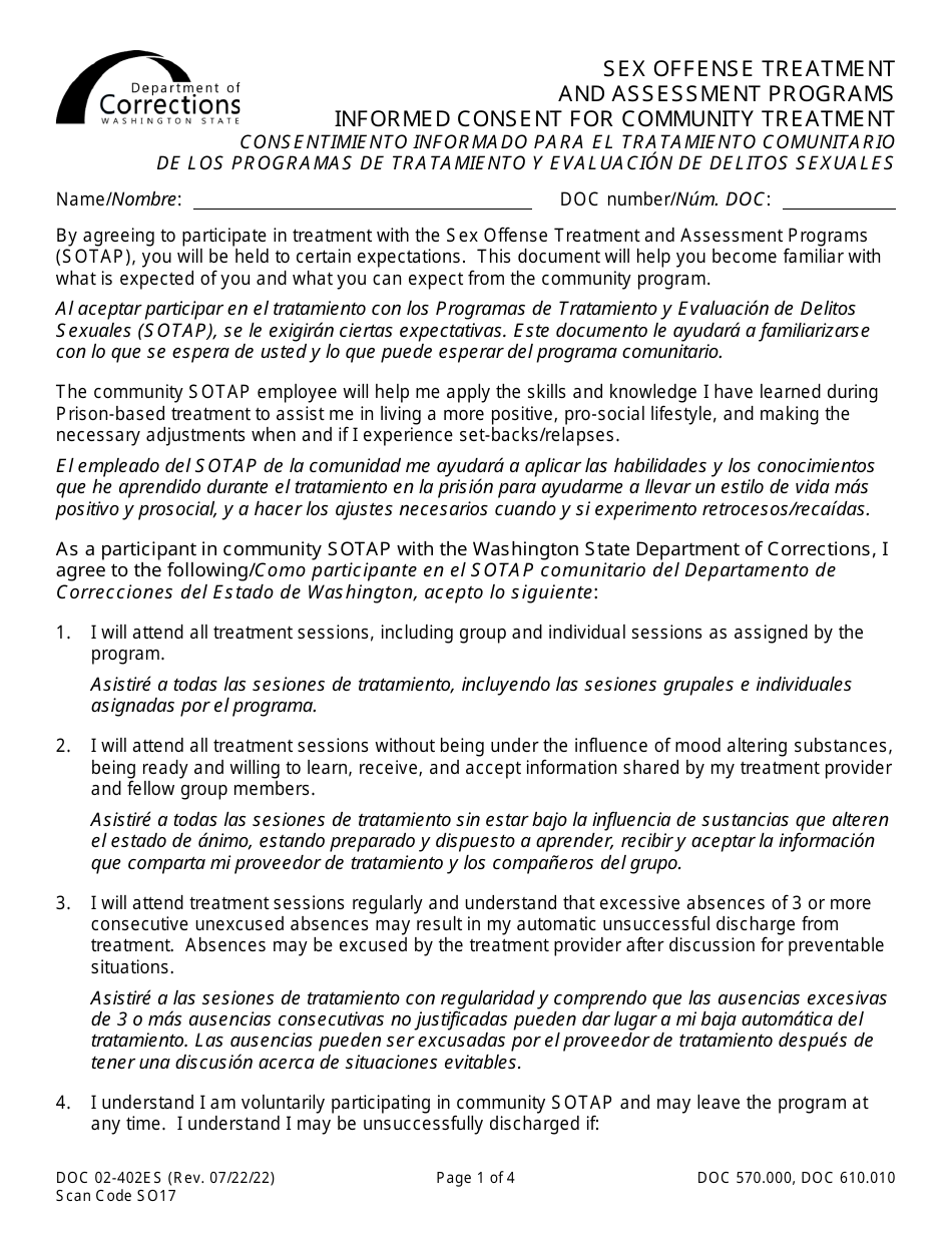 Form DOC02-402ES Sex Offense Treatment and Assessment Programs Informed Consent for Community Treatment - Washington (English / Spanish), Page 1