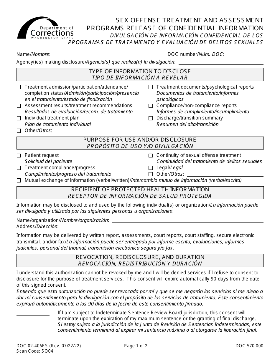 Form DOC02-406ES Sex Offender Treatment and Assessment Programs Release of Confidential Information - Washington (English / Spanish), Page 1