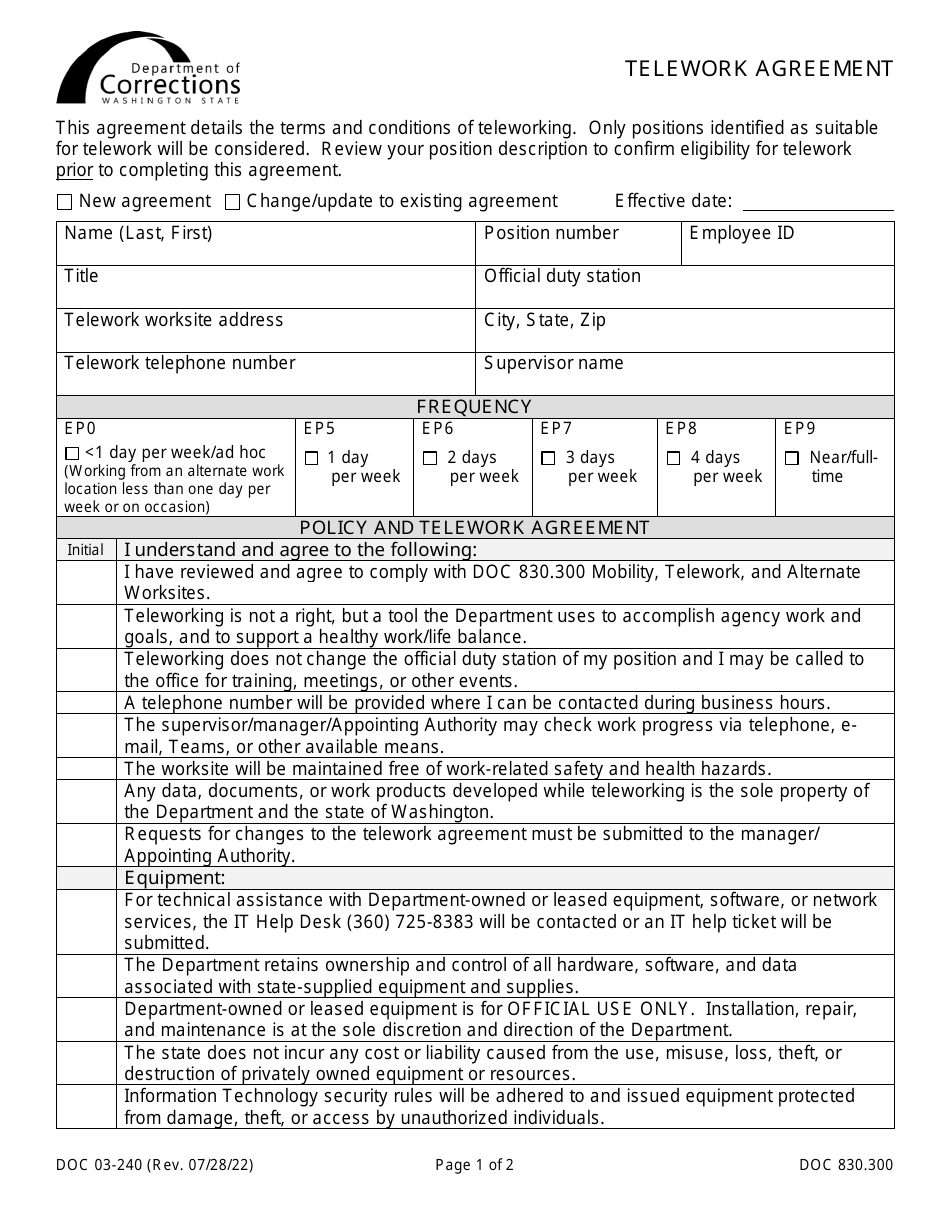 Form DOC03-240 Download Printable PDF or Fill Online Telework Agreement ...