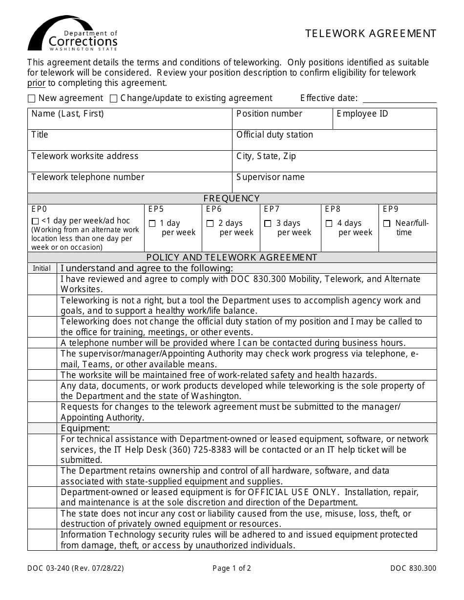 Form DOC03-240 Telework Agreement - Washington, Page 1