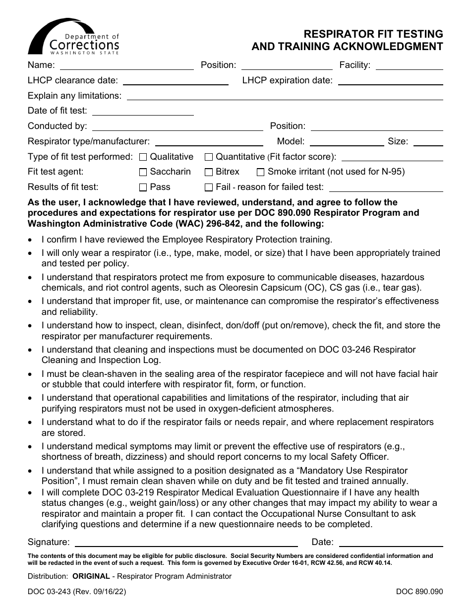 Form DOC03-243 Respirator Fit Testing and Training Acknowledgement - Washington, Page 1