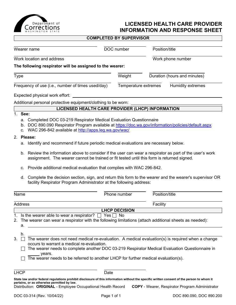 Form DOC03-314 Licensed Health Care Provider Information and Response Sheet - Washington, Page 1