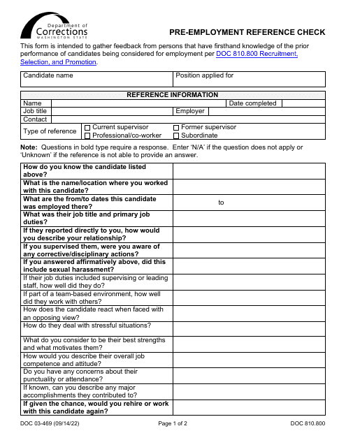 Form DOC03-469 Pre-employment Reference Check - Washington