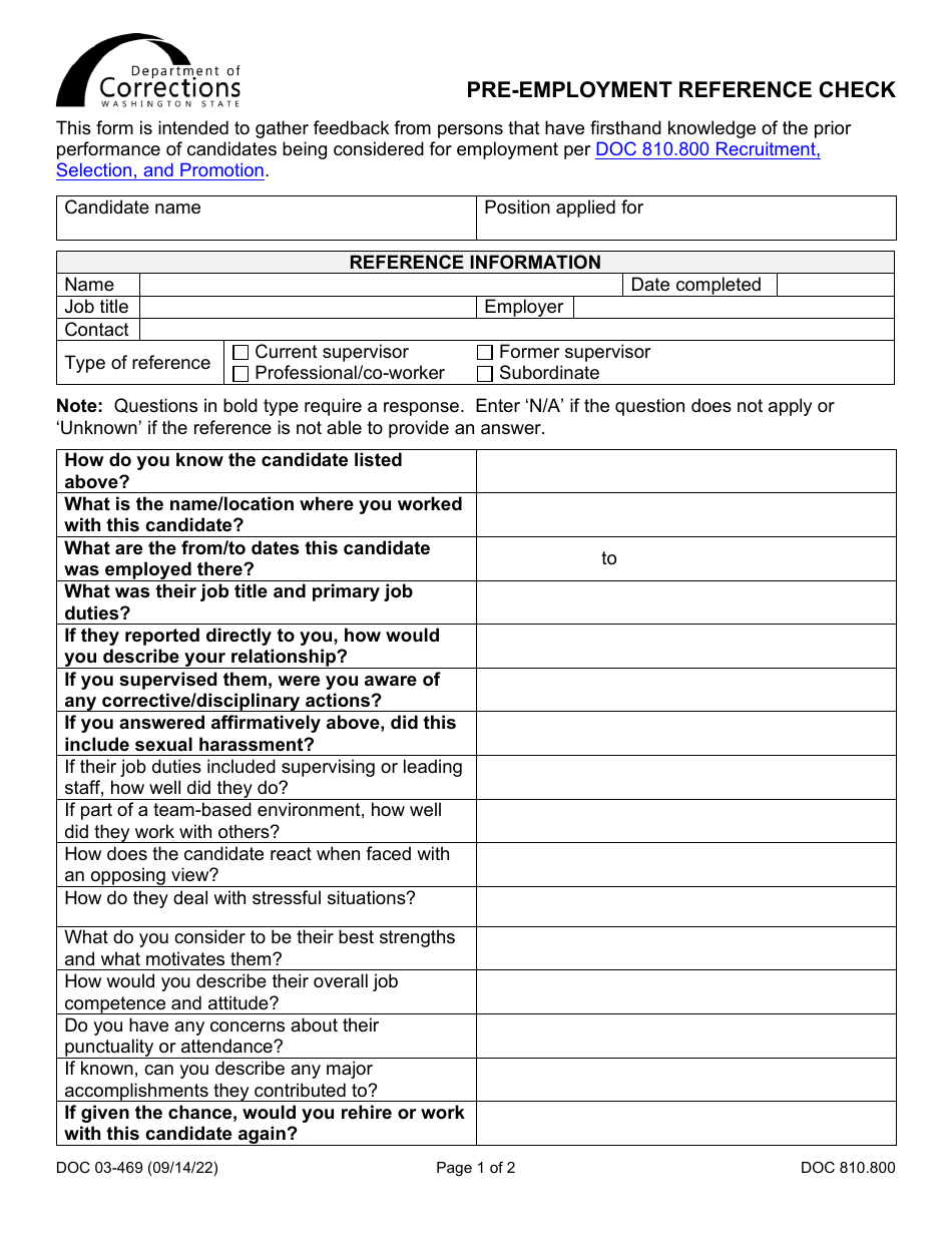 Form DOC03-469 Pre-employment Reference Check - Washington, Page 1