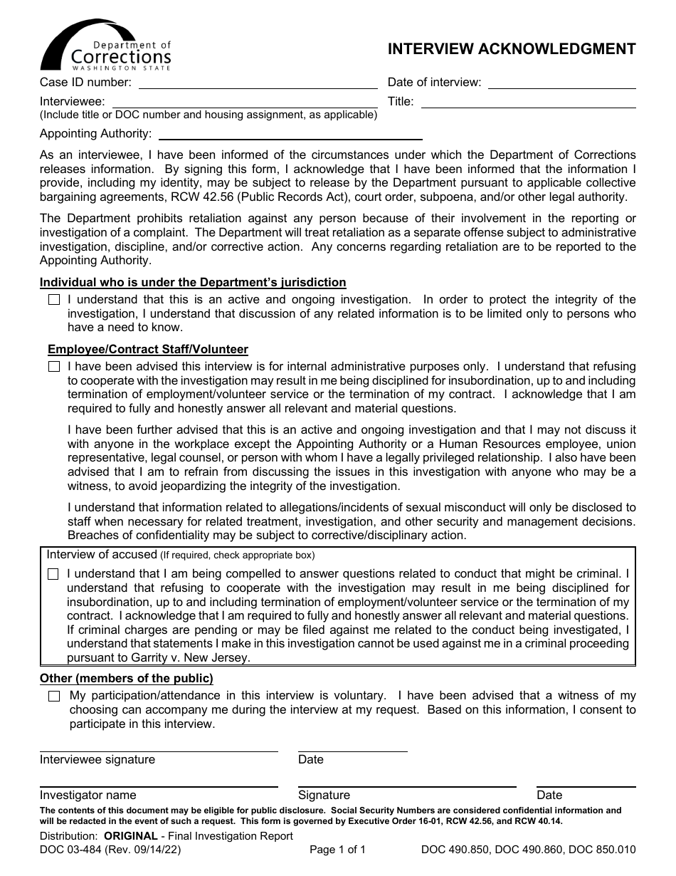 Form DOC03-484 Interview Acknowledgment - Washington, Page 1