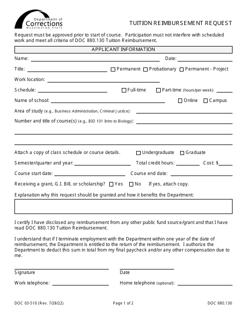 Form DOC03-510 Tuition Reimbursement Request - Washington